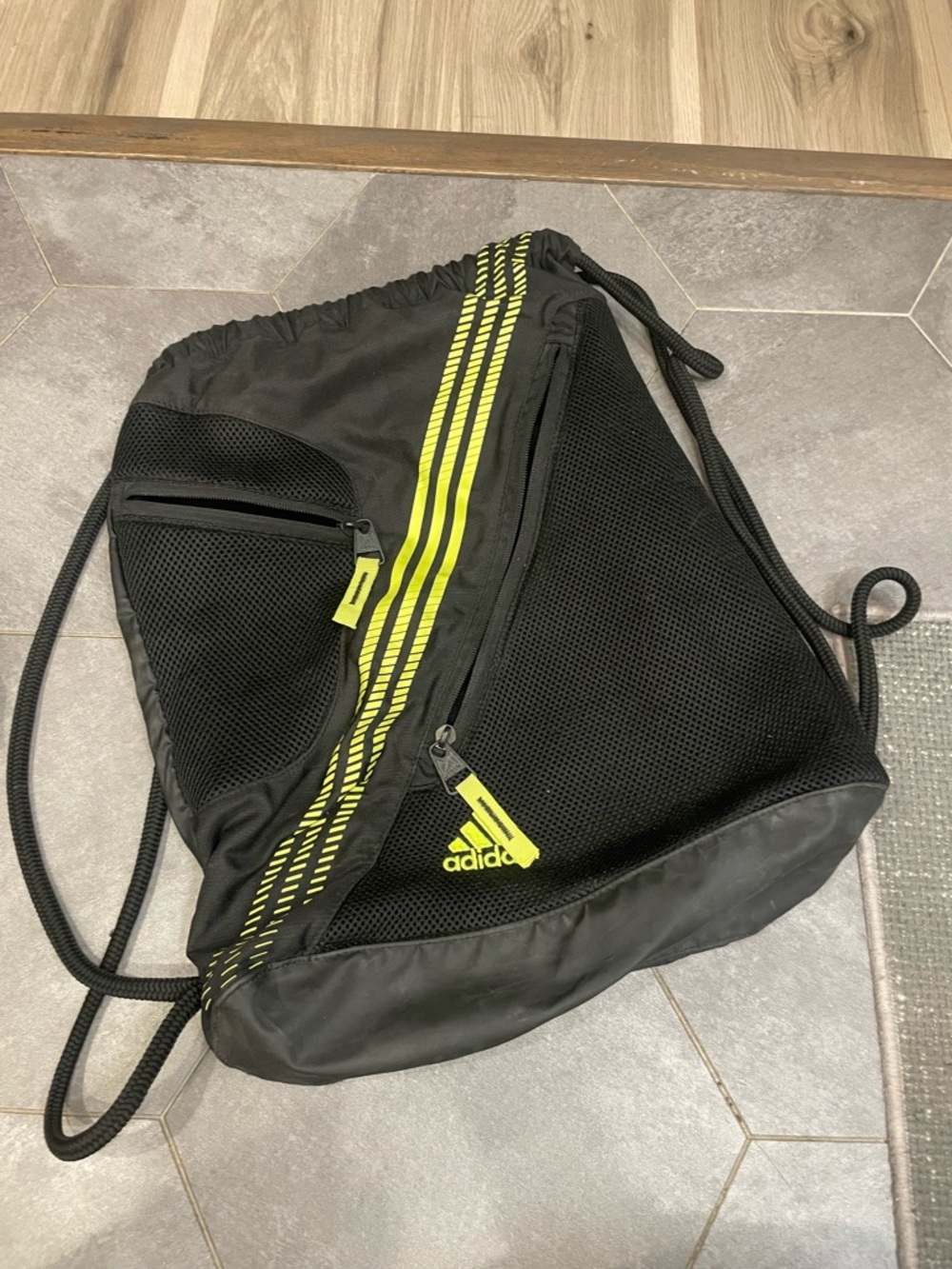 adidas Black & Neon Yellow Mesh Drawstring Duffel Sack
